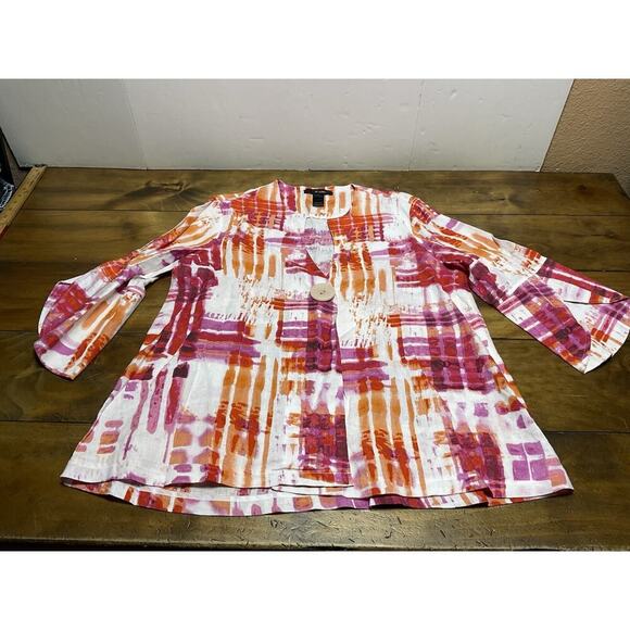 Ali Miles Linen Jacket Size L Pink Abstract 3/4 Tulip Sleeve Artsy Art To Wear - Picture 1 of 12